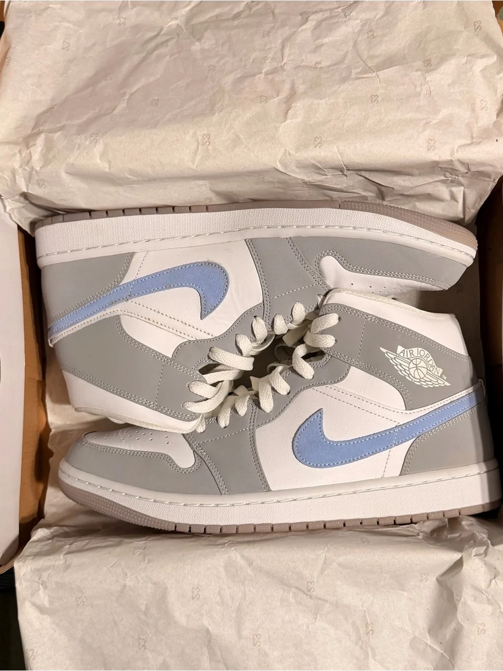 Jordan Mid Sneakers in White, Gray & Light Blue
